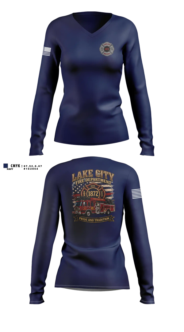 Womens Long Sleeve Vneck Shirt, Lake City Fire Department, Fire Department, Teamtime, Team time, sublimation, custom sports apparel, team uniforms, spirit wear, spiritwear, sports uniforms, custom shirts, team store, custom team store, fundraiser sports, apparel fundraiser