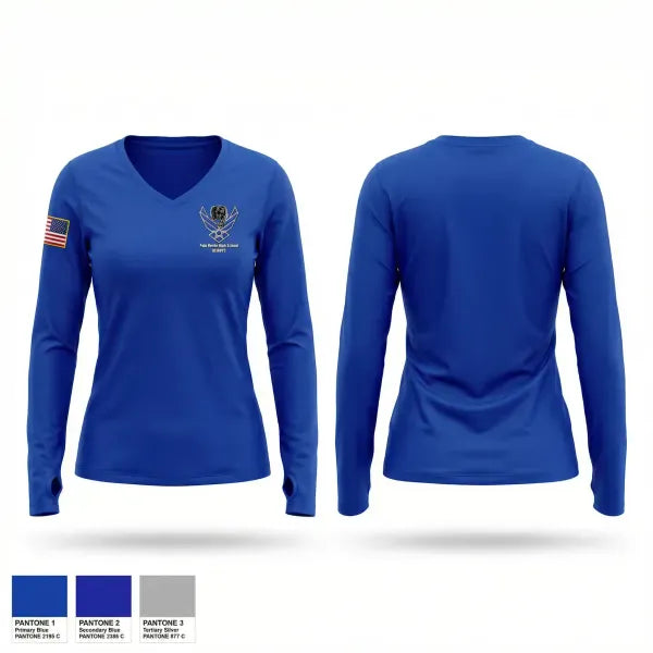 Womens Long Sleeve Vneck Shirt, Palo Verde AFJROTC, Air Force, Teamtime, Team time, sublimation, custom sports apparel, team uniforms, spirit wear, spiritwear, sports uniforms, custom shirts, team store, custom team store, fundraiser sports, apparel fundraiser