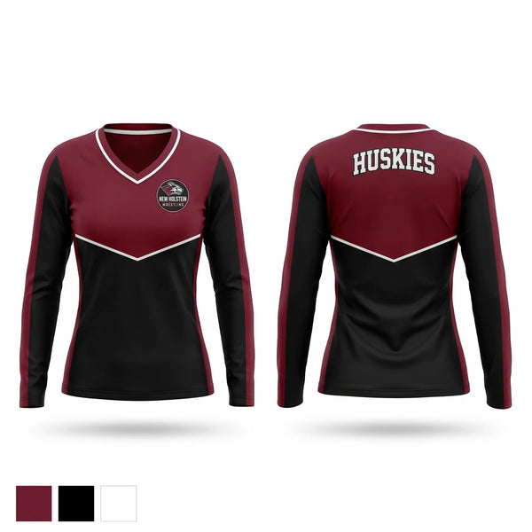 Womens Long Sleeve Vneck Shirt, New Holstein Huskies, Wrestling, Teamtime, Team time, sublimation, custom sports apparel, team uniforms, spirit wear, spiritwear, sports uniforms, custom shirts, team store, custom team store, fundraiser sports, apparel fundraiser