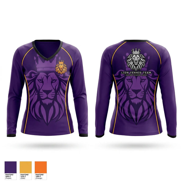 Womens Long Sleeve Vneck Shirt, Lion Tennis Team, Tennis, Teamtime, Team time, sublimation, custom sports apparel, team uniforms, spirit wear, spiritwear, sports uniforms, custom shirts, team store, custom team store, fundraiser sports, apparel fundraiser
