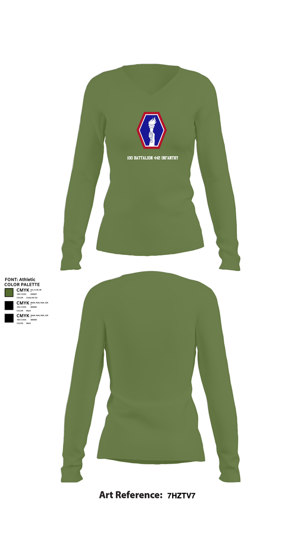 Womens Long Sleeve Vneck Shirt, 100 Battalion 442 Infantry, Army, Teamtime, Team time, sublimation, custom sports apparel, team uniforms, spirit wear, spiritwear, sports uniforms, custom shirts, team store, custom team store, fundraiser sports, apparel fundraiser