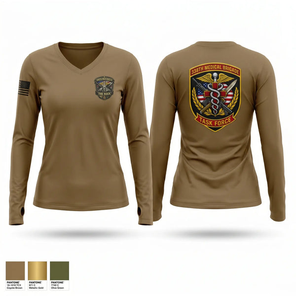 Womens Long Sleeve Vneck Shirt, 338th MED BDE, Army, Teamtime, Team time, sublimation, custom sports apparel, team uniforms, spirit wear, spiritwear, sports uniforms, custom shirts, team store, custom team store, fundraiser sports, apparel fundraiser