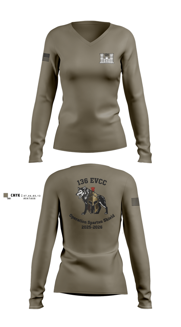 Womens Long Sleeve Vneck Shirt, 136 EVCC, Army, Teamtime, Team time, sublimation, custom sports apparel, team uniforms, spirit wear, spiritwear, sports uniforms, custom shirts, team store, custom team store, fundraiser sports, apparel fundraiser