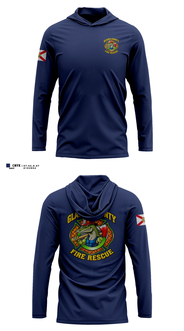 Long Sleeve hooded sunshirt, Glades County Fire Rescue, Fire Department, Teamtime, Team time, sublimation, custom sports apparel, team uniforms, spirit wear, spiritwear, sports uniforms, custom shirts, team store, custom team store, fundraiser sports, apparel fundraiser
