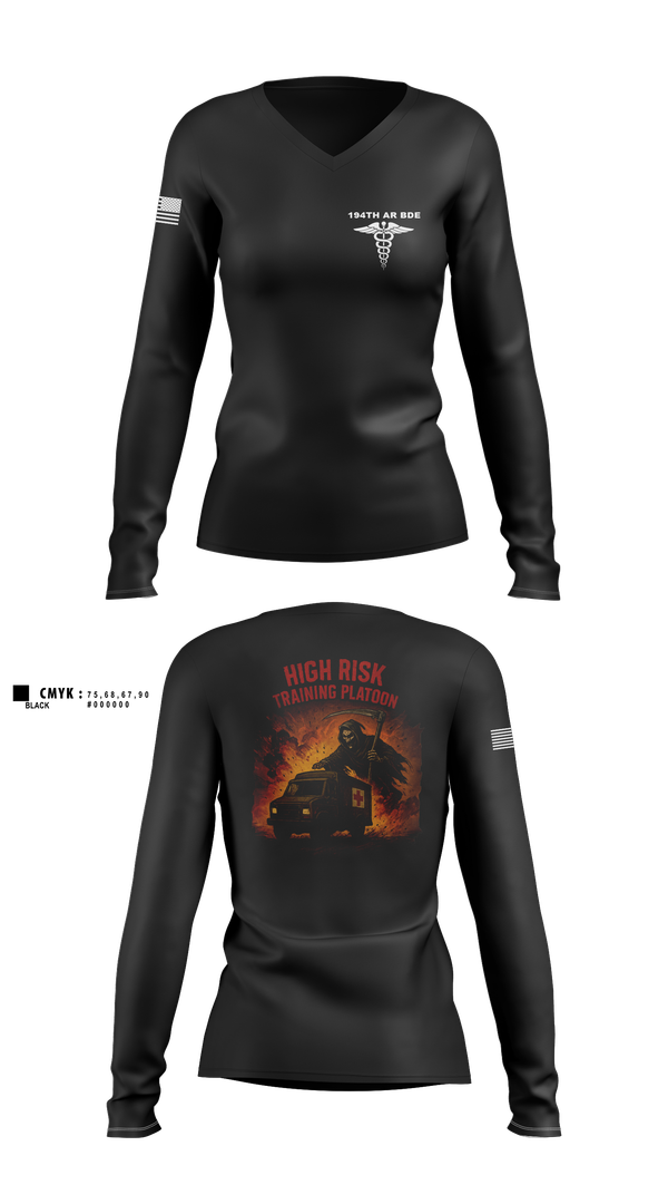 Womens Long Sleeve Vneck Shirt, 194th AR BDE HRT Medics, Army, Teamtime, Team time, sublimation, custom sports apparel, team uniforms, spirit wear, spiritwear, sports uniforms, custom shirts, team store, custom team store, fundraiser sports, apparel fundraiser
