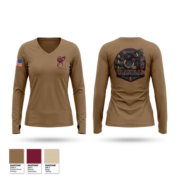 Womens Long Sleeve Vneck Shirt, 8th MLC, Army, Teamtime, Team time, sublimation, custom sports apparel, team uniforms, spirit wear, spiritwear, sports uniforms, custom shirts, team store, custom team store, fundraiser sports, apparel fundraiser