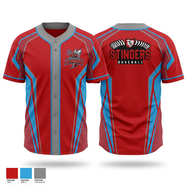 Full Button Baseball Jersey, Southern Ohio Stingers, Baseball, Teamtime, Team time, sublimation, custom sports apparel, team uniforms, spirit wear, spiritwear, sports uniforms, custom shirts, team store, custom team store, fundraiser sports, apparel fundraiser
