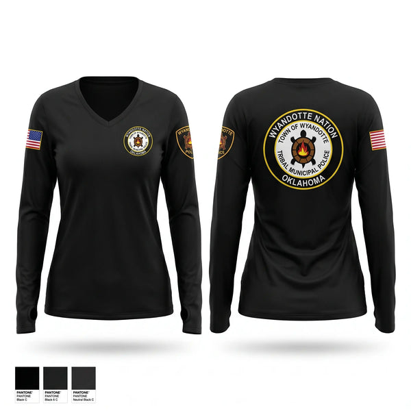 Womens Long Sleeve Vneck Shirt, Wyandotte Nation Police, Police, Teamtime, Team time, sublimation, custom sports apparel, team uniforms, spirit wear, spiritwear, sports uniforms, custom shirts, team store, custom team store, fundraiser sports, apparel fundraiser