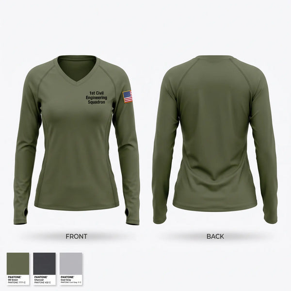 Womens Long Sleeve Vneck Shirt, 1st Civil Engineering Squadron, Air Force, Teamtime, Team time, sublimation, custom sports apparel, team uniforms, spirit wear, spiritwear, sports uniforms, custom shirts, team store, custom team store, fundraiser sports, apparel fundraiser