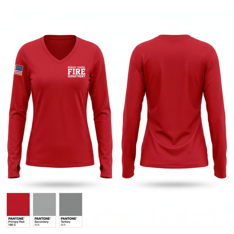 Womens Long Sleeve Vneck Shirt, Wesley chapel fire department, Fire Department, Teamtime, Team time, sublimation, custom sports apparel, team uniforms, spirit wear, spiritwear, sports uniforms, custom shirts, team store, custom team store, fundraiser sports, apparel fundraiser
