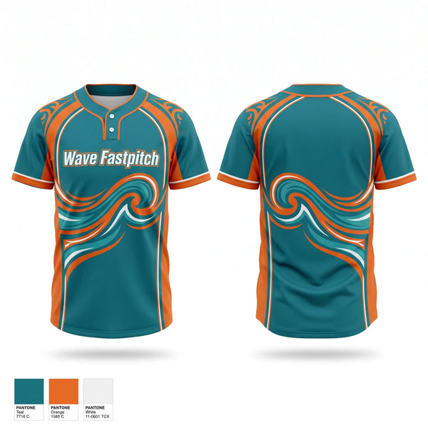 Two Button Softball Jersey, Wave Fastpitch, Softball, Teamtime, Team time, sublimation, custom sports apparel, team uniforms, spirit wear, spiritwear, sports uniforms, custom shirts, team store, custom team store, fundraiser sports, apparel fundraiser