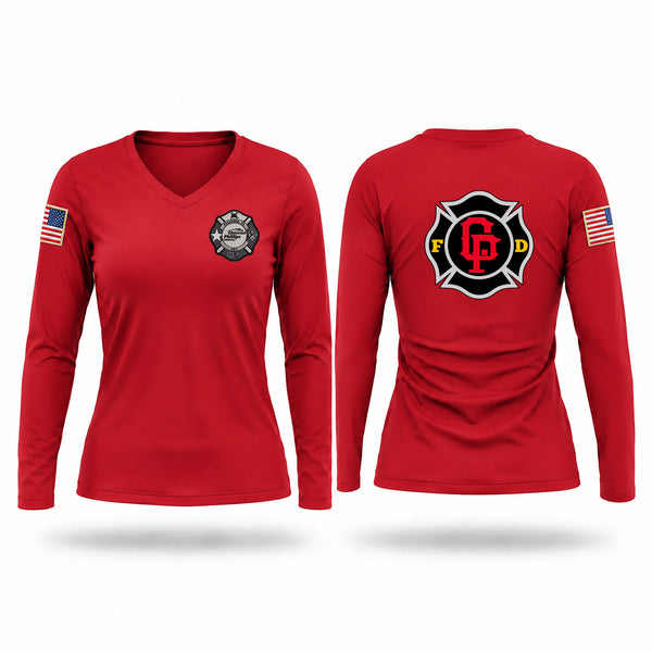 Womens Long Sleeve Vneck Shirt, CPC PASADENA, Fire Department, Teamtime, Team time, sublimation, custom sports apparel, team uniforms, spirit wear, spiritwear, sports uniforms, custom shirts, team store, custom team store, fundraiser sports, apparel fundraiser