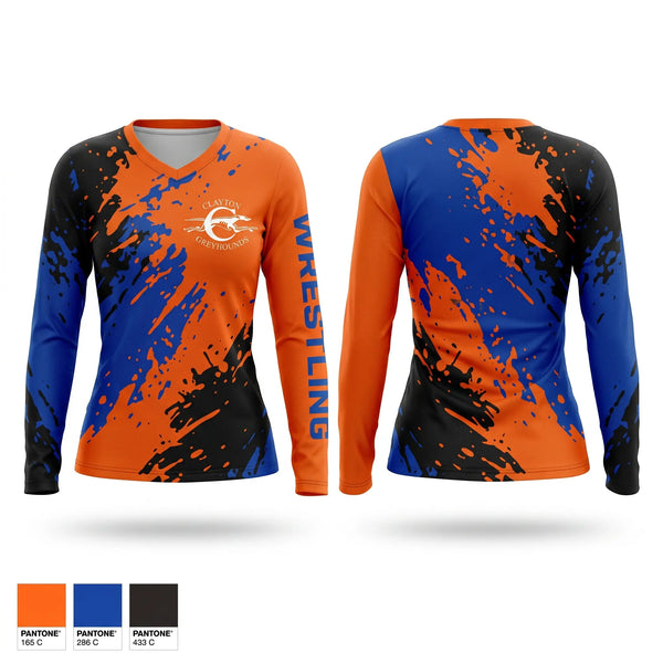 Womens Long Sleeve Vneck Shirt, Clayton High School Wrestling, Wrestling, Teamtime, Team time, sublimation, custom sports apparel, team uniforms, spirit wear, spiritwear, sports uniforms, custom shirts, team store, custom team store, fundraiser sports, apparel fundraiser