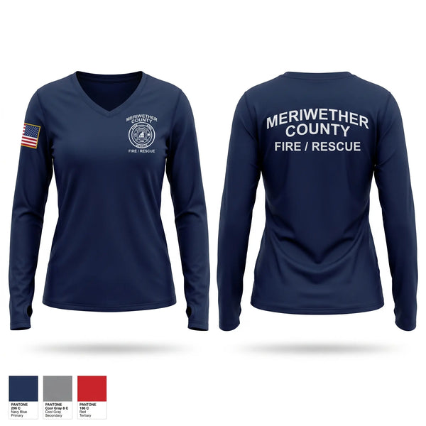 Womens Long Sleeve Vneck Shirt, Meriwether county fire rescue, Fire Department, Teamtime, Team time, sublimation, custom sports apparel, team uniforms, spirit wear, spiritwear, sports uniforms, custom shirts, team store, custom team store, fundraiser sports, apparel fundraiser