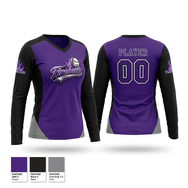 Womens Long Sleeve Vneck Shirt, Fireballs, Baseball, Teamtime, Team time, sublimation, custom sports apparel, team uniforms, spirit wear, spiritwear, sports uniforms, custom shirts, team store, custom team store, fundraiser sports, apparel fundraiser