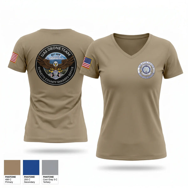 Womens Short Sleeve Vneck Shirt, Sublette County Sheriff's Office Drone Unit, Police, Teamtime, Team time, sublimation, custom sports apparel, team uniforms, spirit wear, spiritwear, sports uniforms, custom shirts, team store, custom team store, fundraiser sports, apparel fundraiser