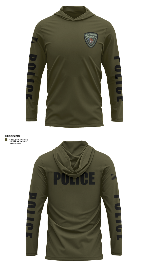 Long Sleeve Performance Shirt with hood, Ohkay Owingeh Police Department, Police, Teamtime, Team time, sublimation, custom sports apparel, team uniforms, spirit wear, spiritwear, sports uniforms, custom shirts, team store, custom team store, fundraiser sports, apparel fundraiser