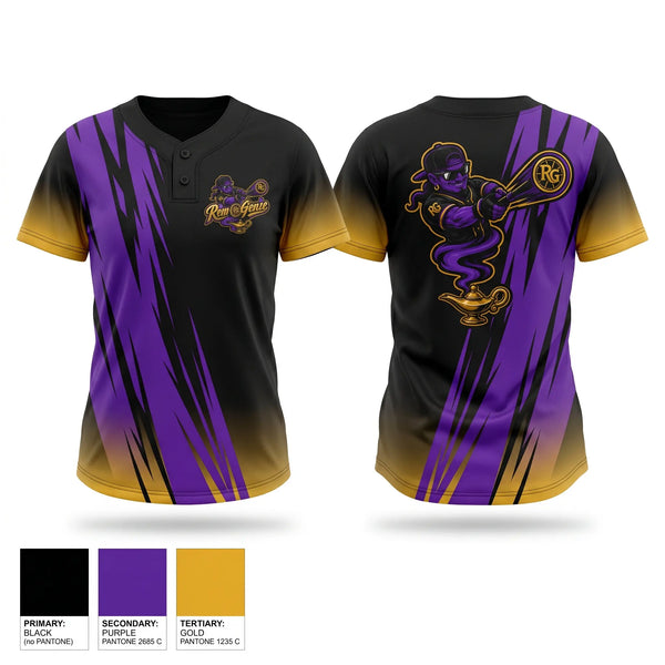 Two Button Softball Jersey, Rim Genie, Softball, Teamtime, Team time, sublimation, custom sports apparel, team uniforms, spirit wear, spiritwear, sports uniforms, custom shirts, team store, custom team store, fundraiser sports, apparel fundraiser