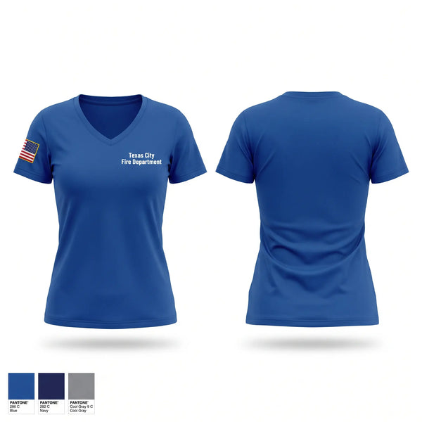 Womens Short Sleeve Vneck Shirt, Texas City Fire Department, Fire Department, Teamtime, Team time, sublimation, custom sports apparel, team uniforms, spirit wear, spiritwear, sports uniforms, custom shirts, team store, custom team store, fundraiser sports, apparel fundraiser