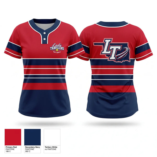 Two Button Softball Jersey, Lady Travelers, Softball, Teamtime, Team time, sublimation, custom sports apparel, team uniforms, spirit wear, spiritwear, sports uniforms, custom shirts, team store, custom team store, fundraiser sports, apparel fundraiser