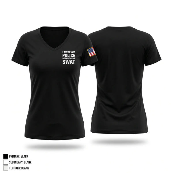 Womens Short Sleeve Vneck Shirt, Lawrence Police Department SWAT, Police, Teamtime, Team time, sublimation, custom sports apparel, team uniforms, spirit wear, spiritwear, sports uniforms, custom shirts, team store, custom team store, fundraiser sports, apparel fundraiser