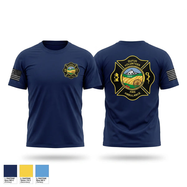 Old School Cotton Feel Shirt, Dufur Volunteer Fire and Ambulance, Fire Department, Teamtime, Team time, sublimation, custom sports apparel, team uniforms, spirit wear, spiritwear, sports uniforms, custom shirts, team store, custom team store, fundraiser sports, apparel fundraiser