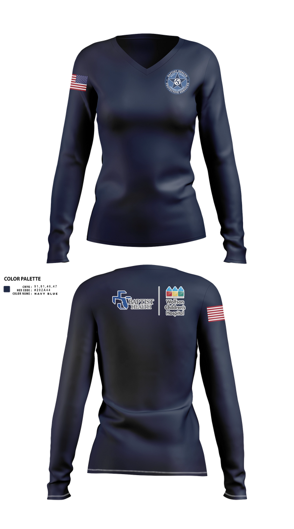 Womens Long Sleeve Vneck Shirt, Baptist Health Protective Services, Police, Teamtime, Team time, sublimation, custom sports apparel, team uniforms, spirit wear, spiritwear, sports uniforms, custom shirts, team store, custom team store, fundraiser sports, apparel fundraiser