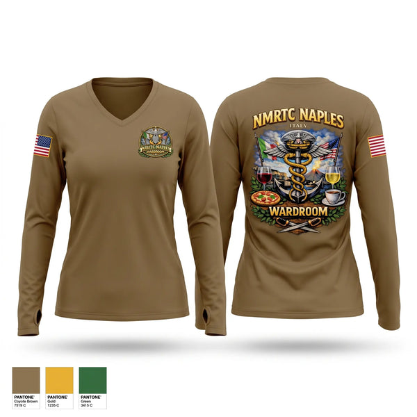 Womens Long Sleeve Vneck Shirt, USNMRTC Naples, Navy, Teamtime, Team time, sublimation, custom sports apparel, team uniforms, spirit wear, spiritwear, sports uniforms, custom shirts, team store, custom team store, fundraiser sports, apparel fundraiser