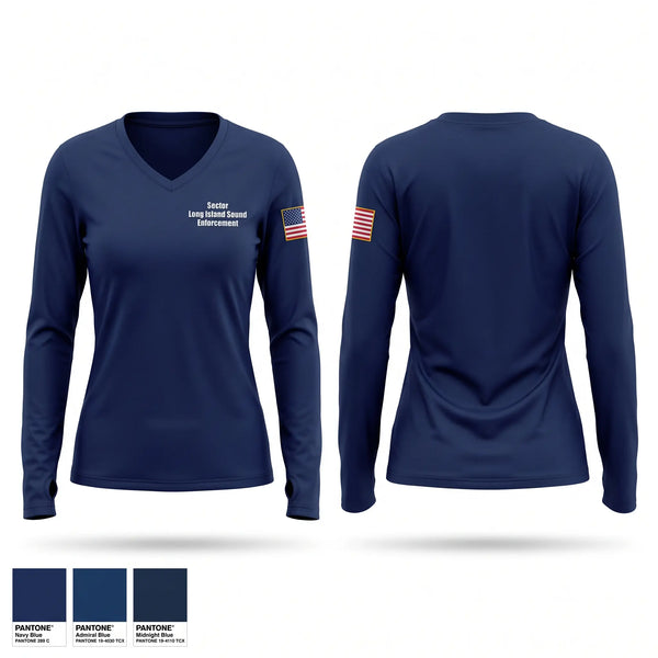 Womens Long Sleeve Vneck Shirt, Sector Long Island Sound Enforcement, Coast Guard, Teamtime, Team time, sublimation, custom sports apparel, team uniforms, spirit wear, spiritwear, sports uniforms, custom shirts, team store, custom team store, fundraiser sports, apparel fundraiser