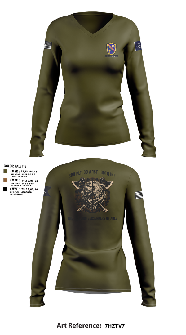 Womens Long Sleeve Vneck Shirt, Co A, 1st-160th INF, 79th IBCT, , Teamtime, Team time, sublimation, custom sports apparel, team uniforms, spirit wear, spiritwear, sports uniforms, custom shirts, team store, custom team store, fundraiser sports, apparel fundraiser