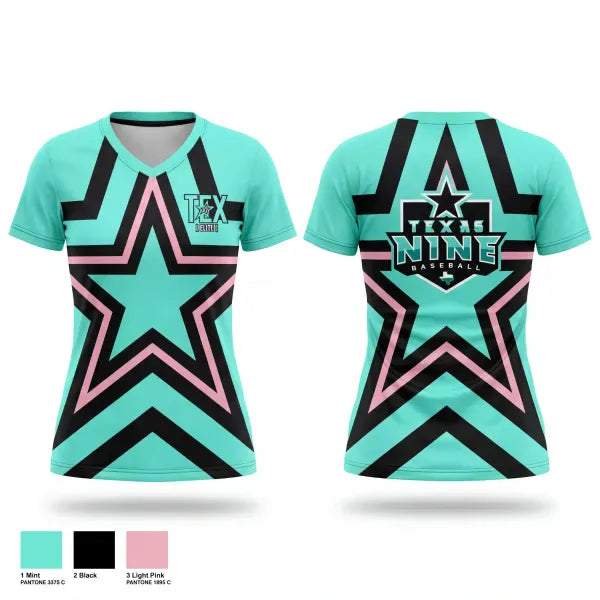 Womens Short Sleeve Vneck Shirt, Texas Nine Elite, Baseball, Teamtime, Team time, sublimation, custom sports apparel, team uniforms, spirit wear, spiritwear, sports uniforms, custom shirts, team store, custom team store, fundraiser sports, apparel fundraiser
