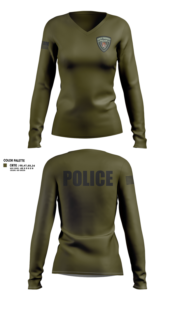 Womens Long Sleeve Vneck Shirt, Ohkay Owingeh Police Department, Police, Teamtime, Team time, sublimation, custom sports apparel, team uniforms, spirit wear, spiritwear, sports uniforms, custom shirts, team store, custom team store, fundraiser sports, apparel fundraiser