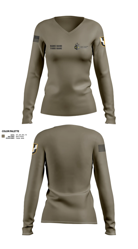 Womens Long Sleeve Vneck Shirt, Army Software Factory, Army, Teamtime, Team time, sublimation, custom sports apparel, team uniforms, spirit wear, spiritwear, sports uniforms, custom shirts, team store, custom team store, fundraiser sports, apparel fundraiser