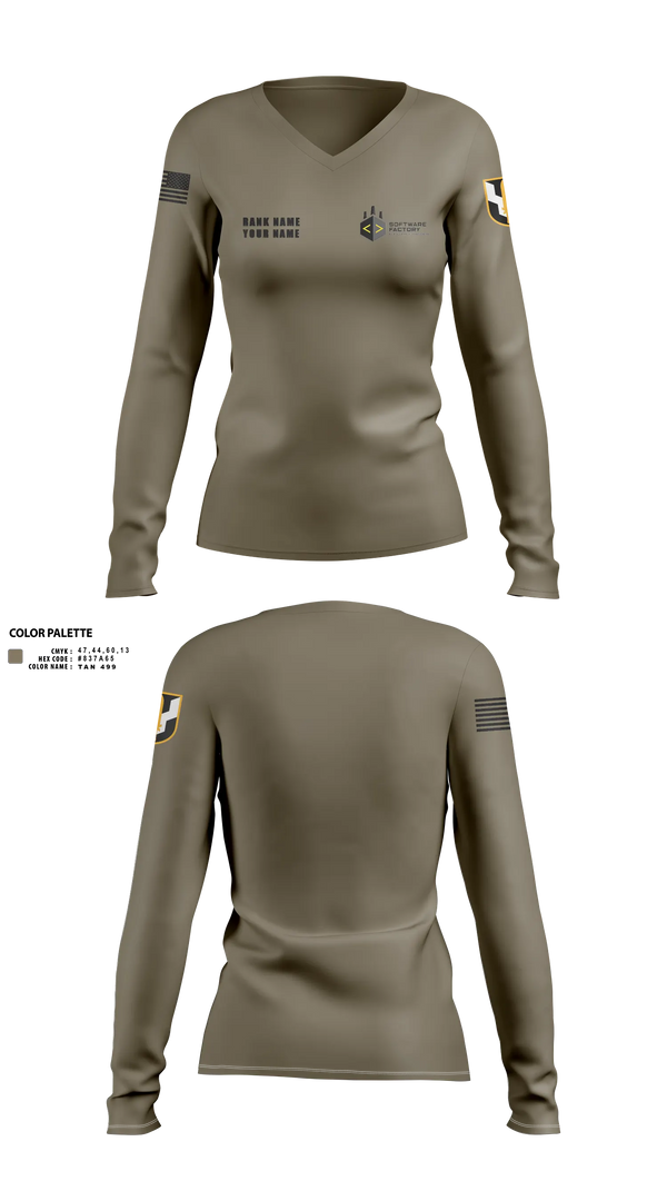 Womens Long Sleeve Vneck Shirt, Army Software Factory, Army, Teamtime, Team time, sublimation, custom sports apparel, team uniforms, spirit wear, spiritwear, sports uniforms, custom shirts, team store, custom team store, fundraiser sports, apparel fundraiser