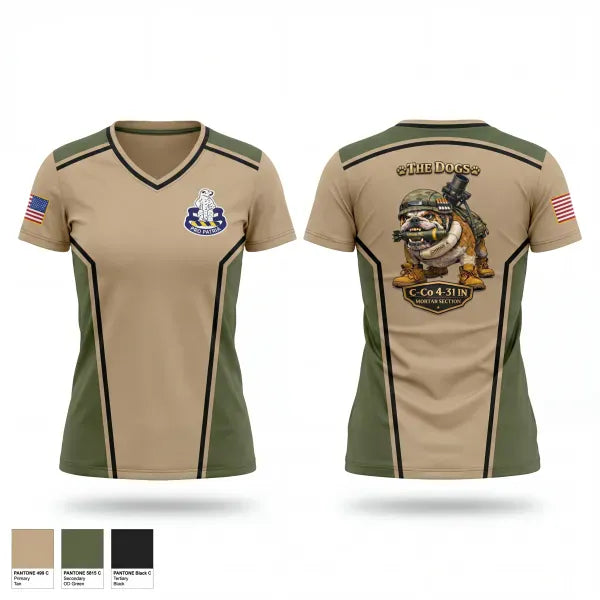 Womens Short Sleeve Vneck Shirt, C-co 4-31 INF Mortar Section, Army, Teamtime, Team time, sublimation, custom sports apparel, team uniforms, spirit wear, spiritwear, sports uniforms, custom shirts, team store, custom team store, fundraiser sports, apparel fundraiser