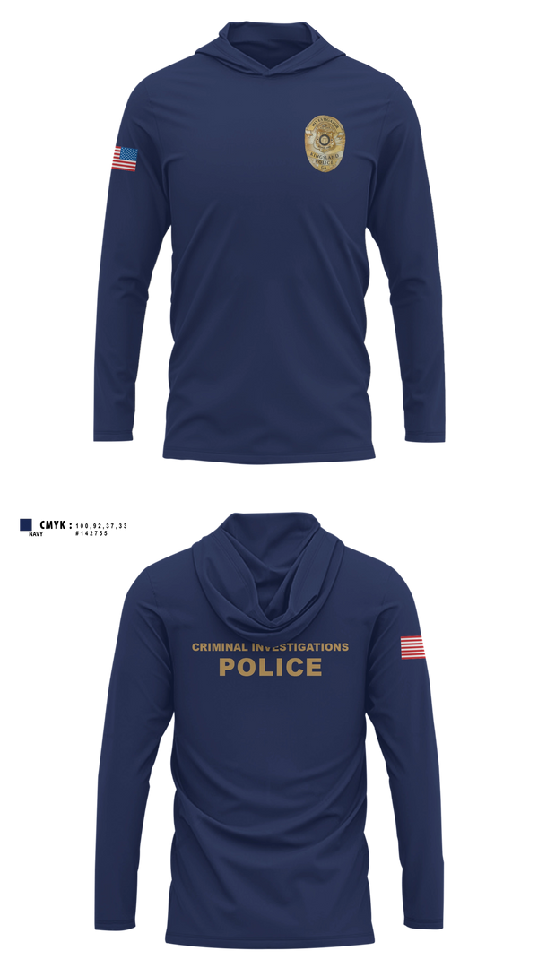 Long Sleeve hooded sunshirt, Criminal Investigations, Police, Teamtime, Team time, sublimation, custom sports apparel, team uniforms, spirit wear, spiritwear, sports uniforms, custom shirts, team store, custom team store, fundraiser sports, apparel fundraiser
