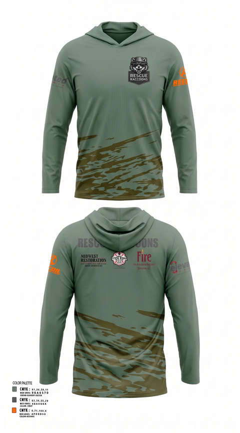 Long Sleeve Performance Shirt with hood, Rescue Raccoons, Fire Department, Teamtime, Team time, sublimation, custom sports apparel, team uniforms, spirit wear, spiritwear, sports uniforms, custom shirts, team store, custom team store, fundraiser sports, apparel fundraiser