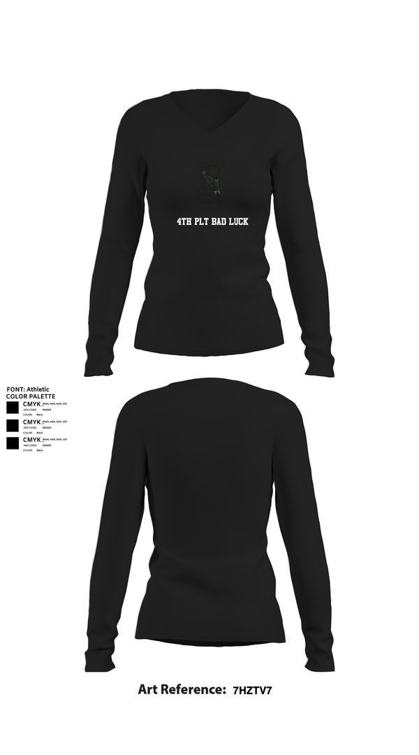 Womens Long Sleeve Vneck Shirt, 4th plt bad luck, Army, Teamtime, Team time, sublimation, custom sports apparel, team uniforms, spirit wear, spiritwear, sports uniforms, custom shirts, team store, custom team store, fundraiser sports, apparel fundraiser