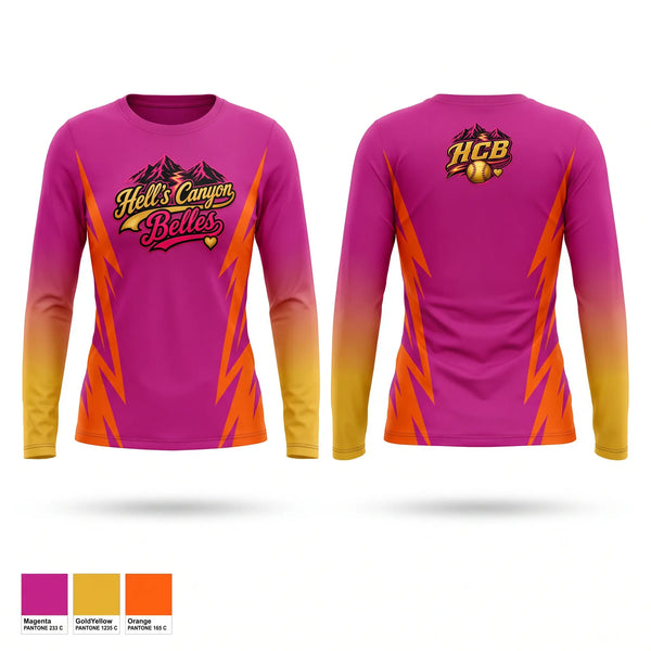 Long Sleeve Performance Shirt, Hells Canyon Belles, Softball, Teamtime, Team time, sublimation, custom sports apparel, team uniforms, spirit wear, spiritwear, sports uniforms, custom shirts, team store, custom team store, fundraiser sports, apparel fundraiser