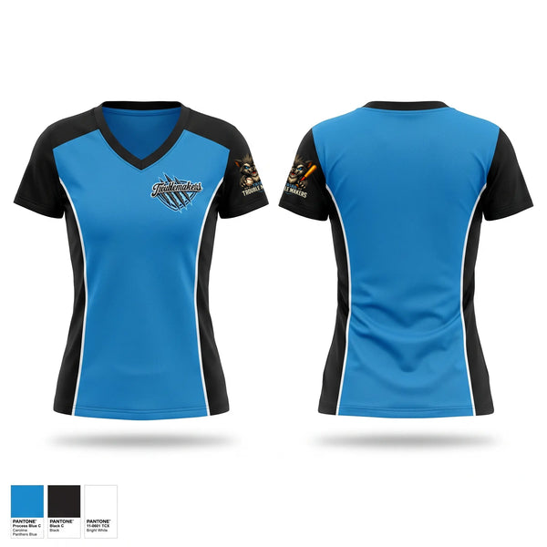 Womens Short Sleeve Vneck Shirt, Troublemakers, Baseball, Teamtime, Team time, sublimation, custom sports apparel, team uniforms, spirit wear, spiritwear, sports uniforms, custom shirts, team store, custom team store, fundraiser sports, apparel fundraiser
