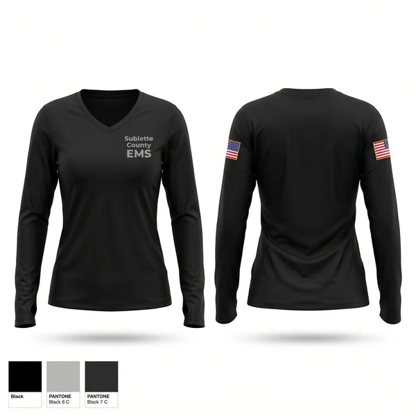 Womens Long Sleeve Vneck Shirt, Sublette County EMS, EMS/EMT, Teamtime, Team time, sublimation, custom sports apparel, team uniforms, spirit wear, spiritwear, sports uniforms, custom shirts, team store, custom team store, fundraiser sports, apparel fundraiser