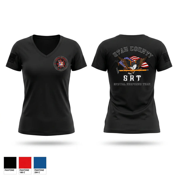 Womens Short Sleeve Vneck Shirt, Utah County SRT, Fire Department, Teamtime, Team time, sublimation, custom sports apparel, team uniforms, spirit wear, spiritwear, sports uniforms, custom shirts, team store, custom team store, fundraiser sports, apparel fundraiser