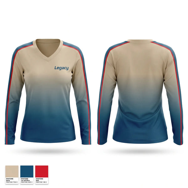 Womens Long Sleeve Vneck Shirt, Legacy, Baseball, Teamtime, Team time, sublimation, custom sports apparel, team uniforms, spirit wear, spiritwear, sports uniforms, custom shirts, team store, custom team store, fundraiser sports, apparel fundraiser