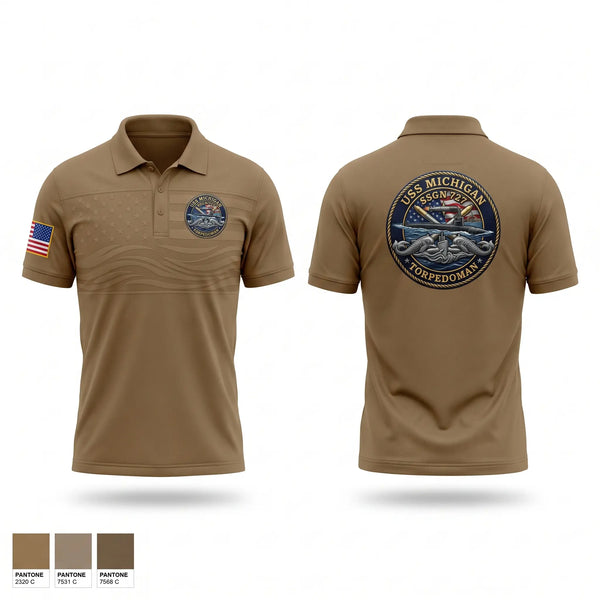 Short Sleeve Performance Polo, USS Michigan TorpedoMan, Navy, Teamtime, Team time, sublimation, custom sports apparel, team uniforms, spirit wear, spiritwear, sports uniforms, custom shirts, team store, custom team store, fundraiser sports, apparel fundraiser