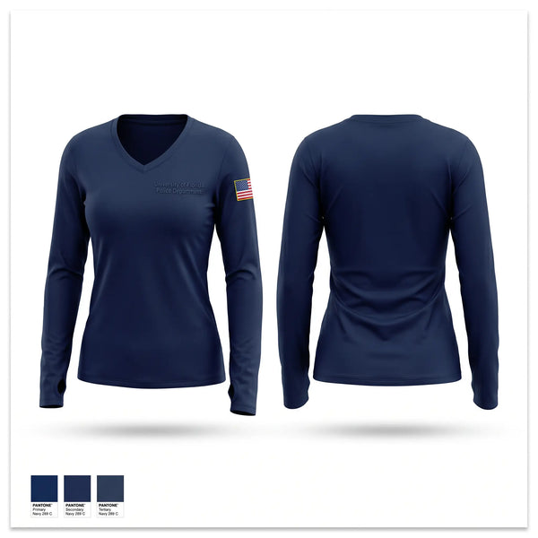 Womens Long Sleeve Vneck Shirt, University of Florida Police Department, Police, Teamtime, Team time, sublimation, custom sports apparel, team uniforms, spirit wear, spiritwear, sports uniforms, custom shirts, team store, custom team store, fundraiser sports, apparel fundraiser