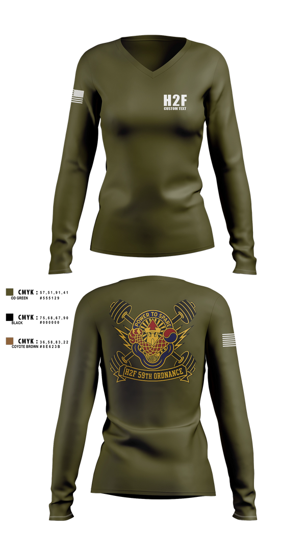 Womens Long Sleeve Vneck Shirt, 59th ORD BDE, Army, Teamtime, Team time, sublimation, custom sports apparel, team uniforms, spirit wear, spiritwear, sports uniforms, custom shirts, team store, custom team store, fundraiser sports, apparel fundraiser