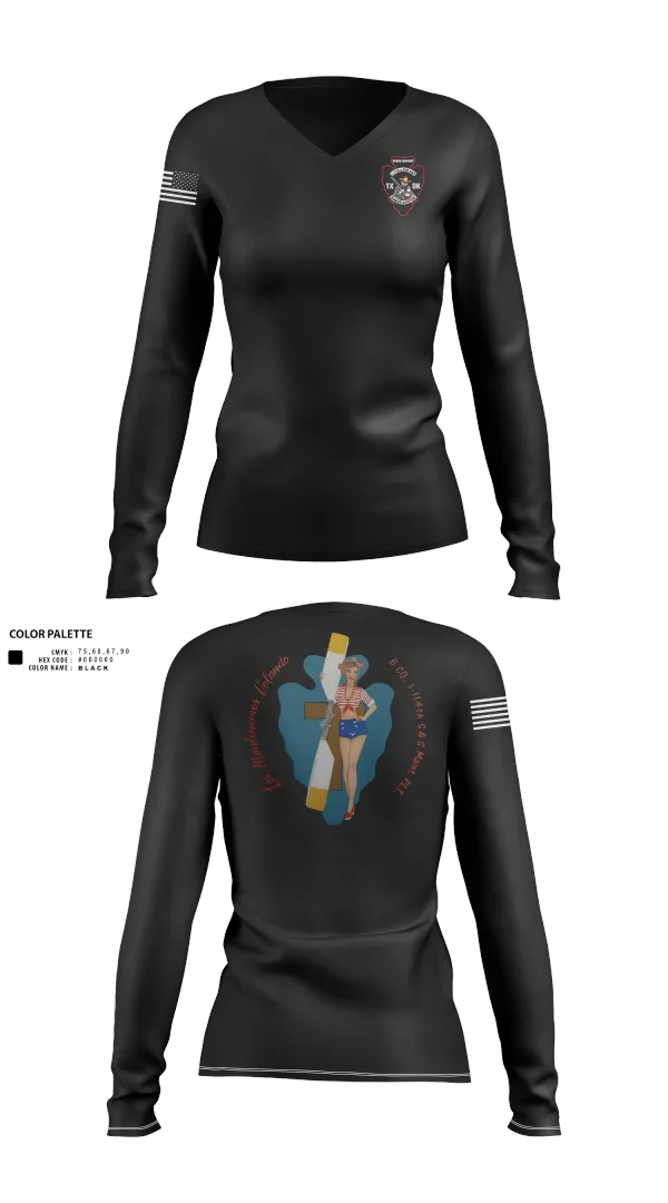 Womens Long Sleeve Vneck Shirt, B Co 1/114th Maintenance, Army, Teamtime, Team time, sublimation, custom sports apparel, team uniforms, spirit wear, spiritwear, sports uniforms, custom shirts, team store, custom team store, fundraiser sports, apparel fundraiser