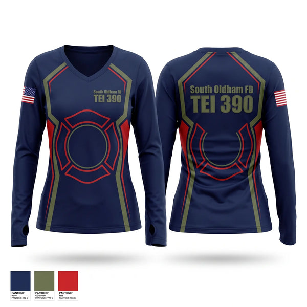 Womens Long Sleeve Vneck Shirt, South Oldham FD TEI 390, Fire Department, Teamtime, Team time, sublimation, custom sports apparel, team uniforms, spirit wear, spiritwear, sports uniforms, custom shirts, team store, custom team store, fundraiser sports, apparel fundraiser