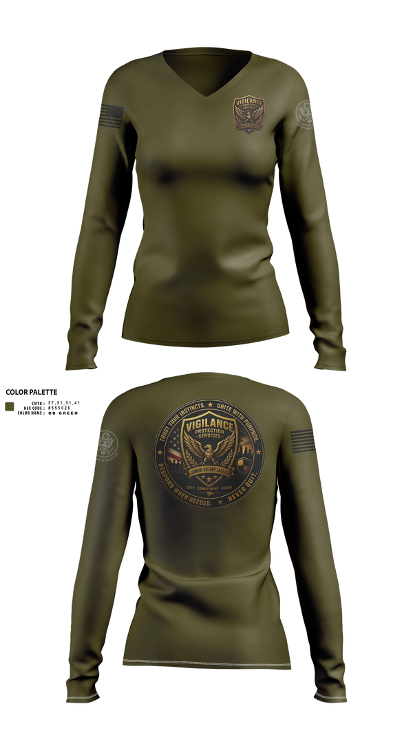 Womens Long Sleeve Vneck Shirt, Vigilance Protection Services, , Teamtime, Team time, sublimation, custom sports apparel, team uniforms, spirit wear, spiritwear, sports uniforms, custom shirts, team store, custom team store, fundraiser sports, apparel fundraiser