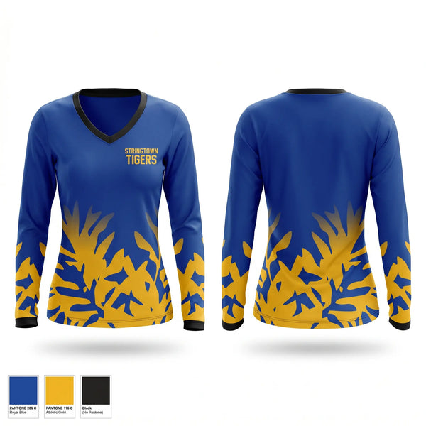 Womens Long Sleeve Vneck Shirt, Stringtown Tigers, Women's Basketball, Teamtime, Team time, sublimation, custom sports apparel, team uniforms, spirit wear, spiritwear, sports uniforms, custom shirts, team store, custom team store, fundraiser sports, apparel fundraiser